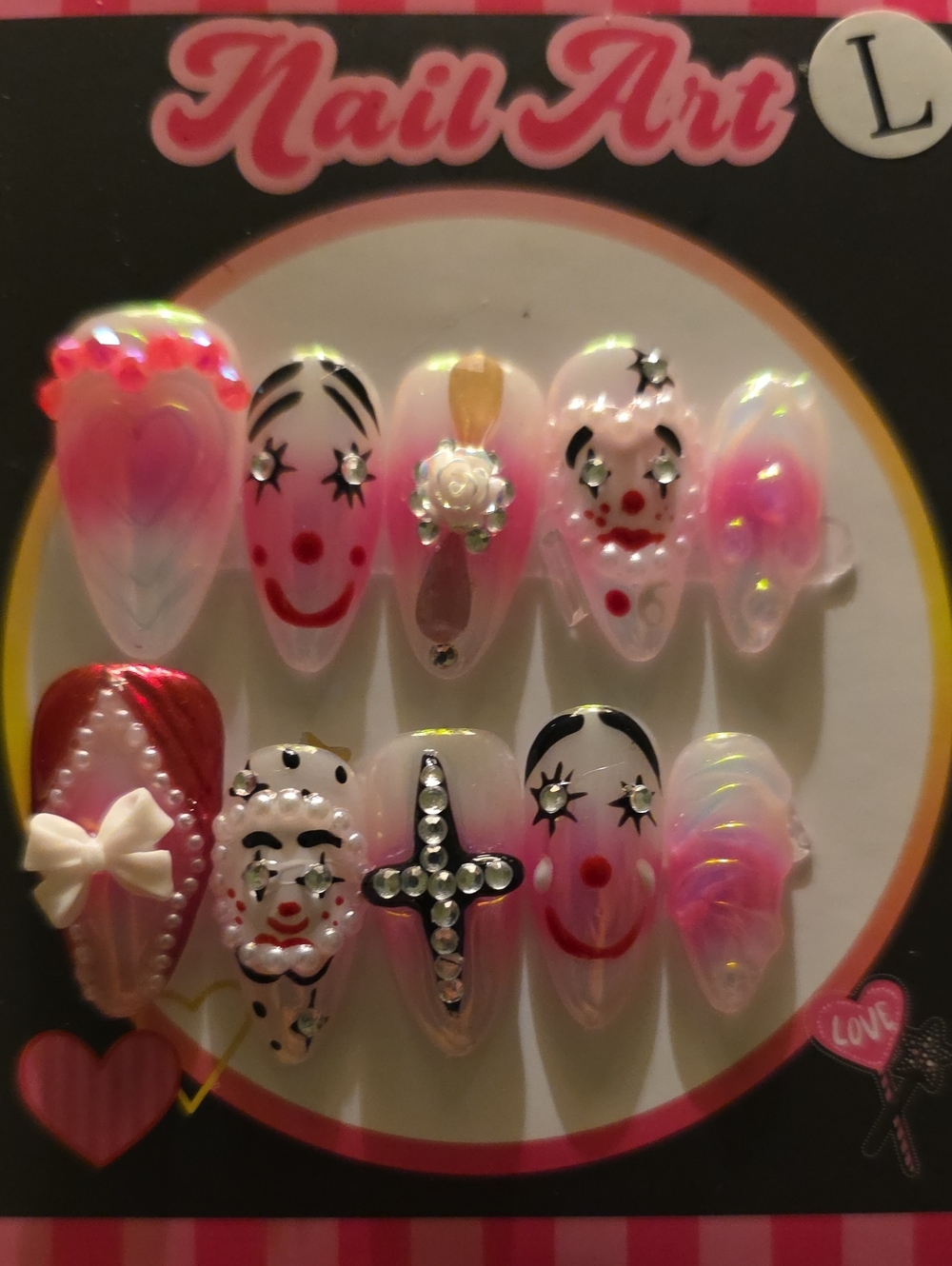 — Pink Clown Decorative Fake Nails Size Large